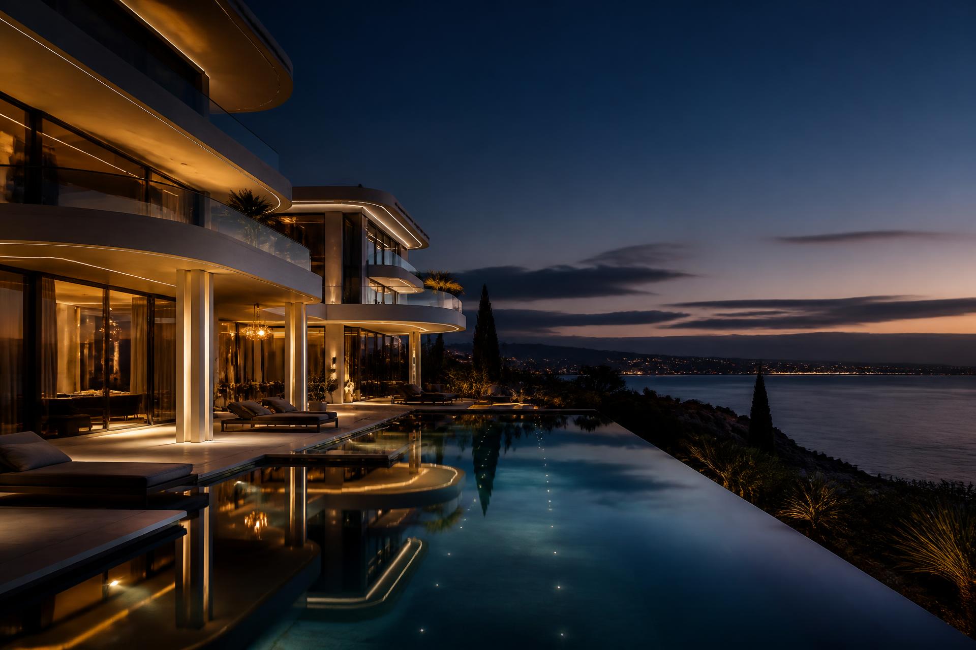 Newly renovated luxury villa with infinity pool overlooking the Mediterranean at dusk